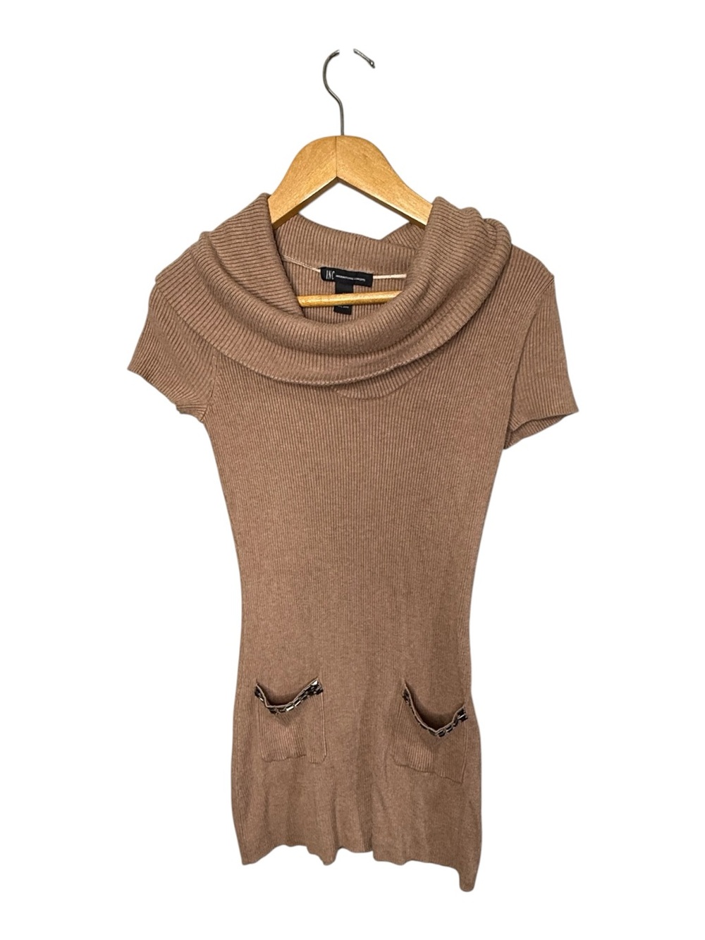 INC International Concepts Brown Tan Studded Cowl Neck Sweater Dress Medium
